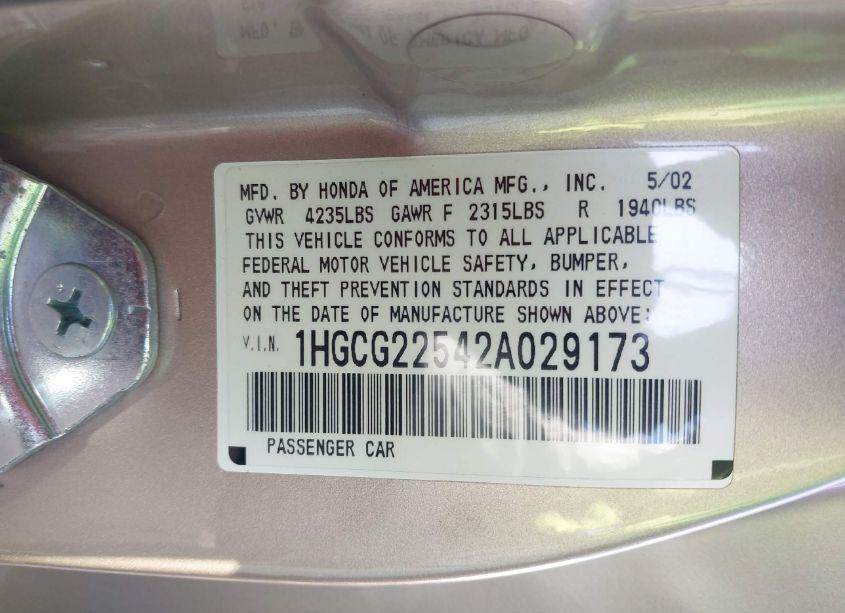 Photo 9 of 2002 Honda Accord 3.0 EX (VIN 1HGCG22542A029173)