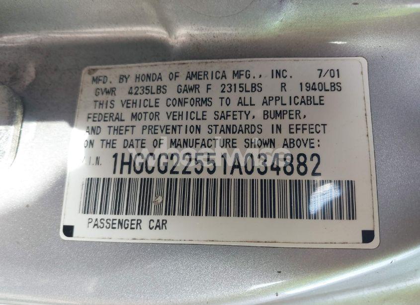 Photo 9 of 2001 Honda Accord 3.0 EX (VIN 1HGCG22551A034882)