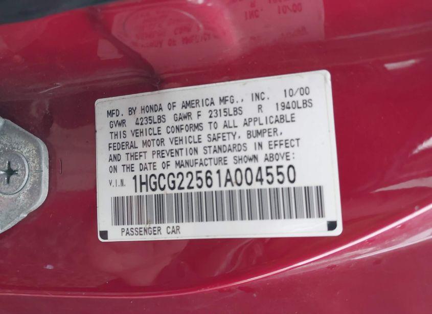 Photo 9 of 2001 Honda Accord 3.0 EX (VIN 1HGCG22561A004550)