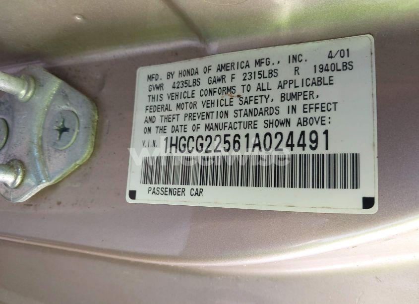 Photo 9 of 2001 Honda Accord 3.0 EX (VIN 1HGCG22561A024491)