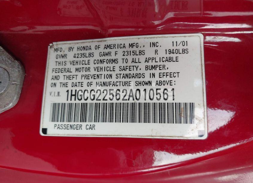 Photo 9 of 2002 Honda Accord 3.0 EX (VIN 1HGCG22562A010561)