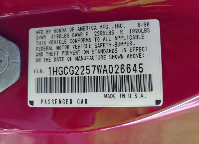 Photo 9 of 1998 Honda Accord EX V6 (VIN 1HGCG2257WA026645)