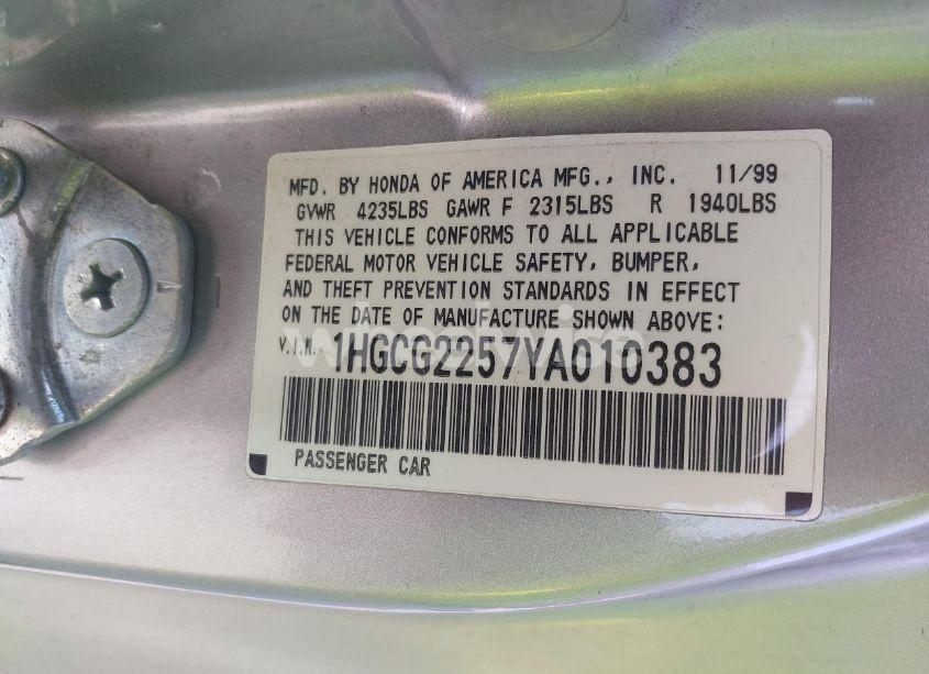 Photo 9 of 2000 Honda Accord 3.0 EX (VIN 1HGCG2257YA010383)