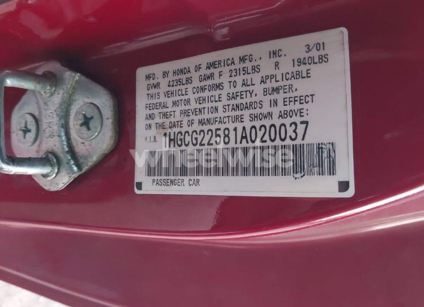 Photo 9 of 2001 Honda Accord 3.0 EX (VIN 1HGCG22581A020037)