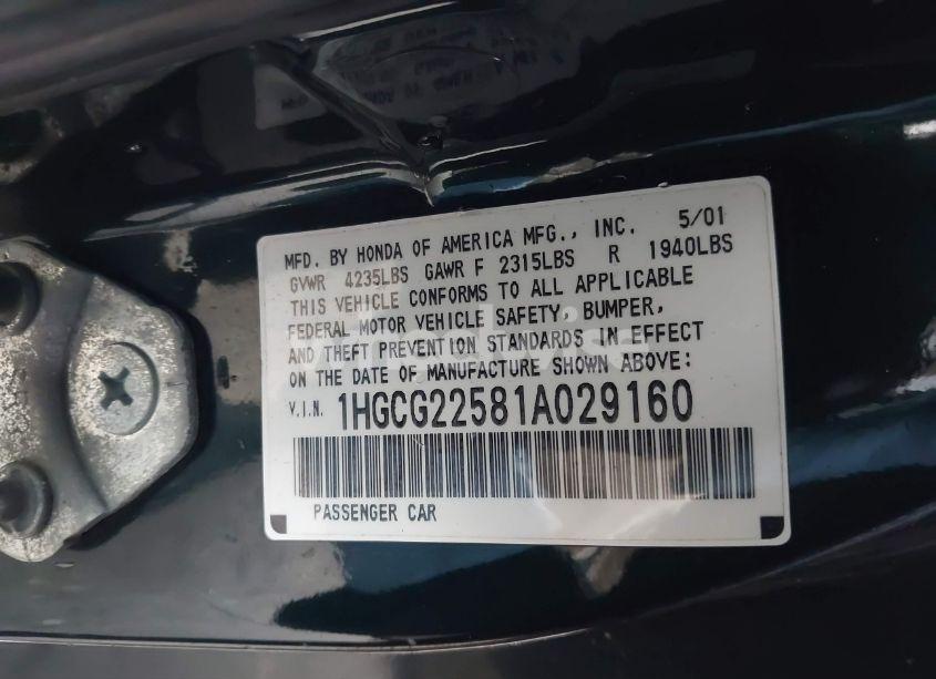 Photo 9 of 2001 Honda Accord 3.0 EX (VIN 1HGCG22581A029160)