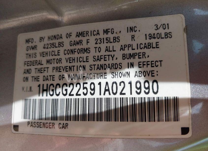 Photo 9 of 2001 Honda Accord 3.0 EX (VIN 1HGCG22591A021990)