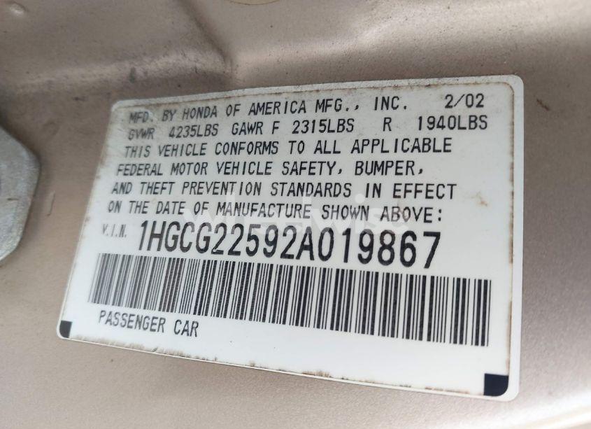 Photo 9 of 2002 Honda Accord 3.0 EX (VIN 1HGCG22592A019867)