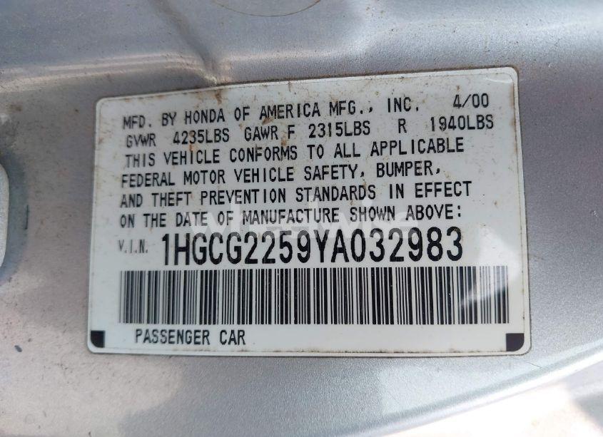 Photo 9 of 2000 Honda Accord 3.0 EX (VIN 1HGCG2259YA032983)