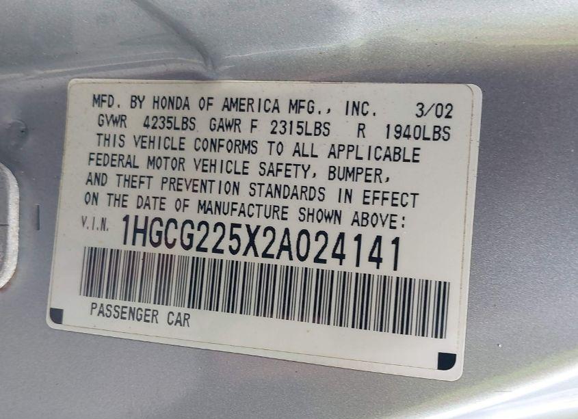 Photo 9 of 2002 Honda Accord 3.0 EX (VIN 1HGCG225X2A024141)