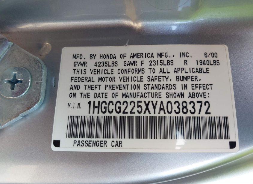 Photo 9 of 2000 Honda Accord 3.0 EX (VIN 1HGCG225XYA038372)