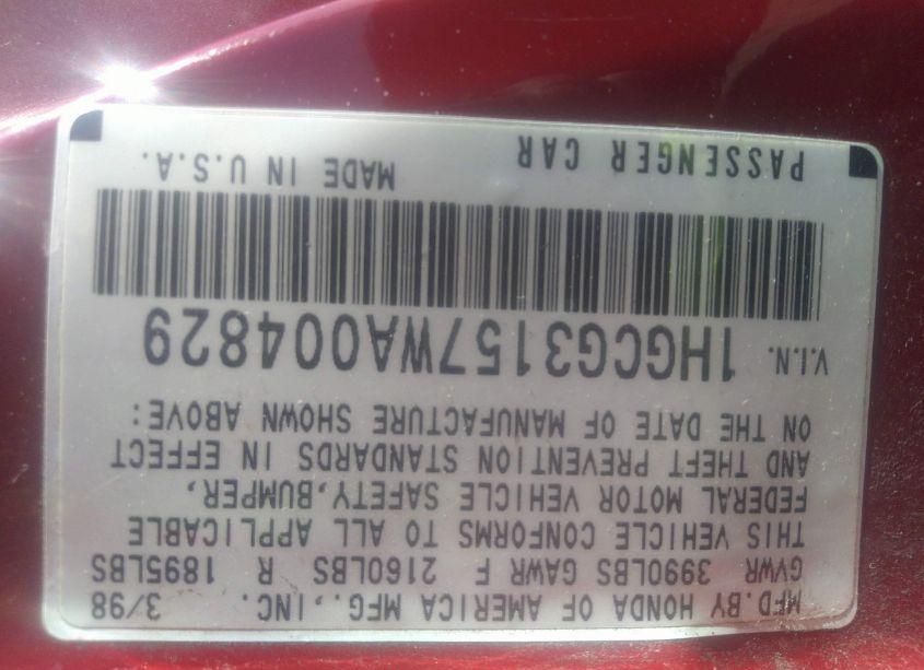 Photo 9 of 1998 Honda Accord EX (VIN 1HGCG3157WA004829)