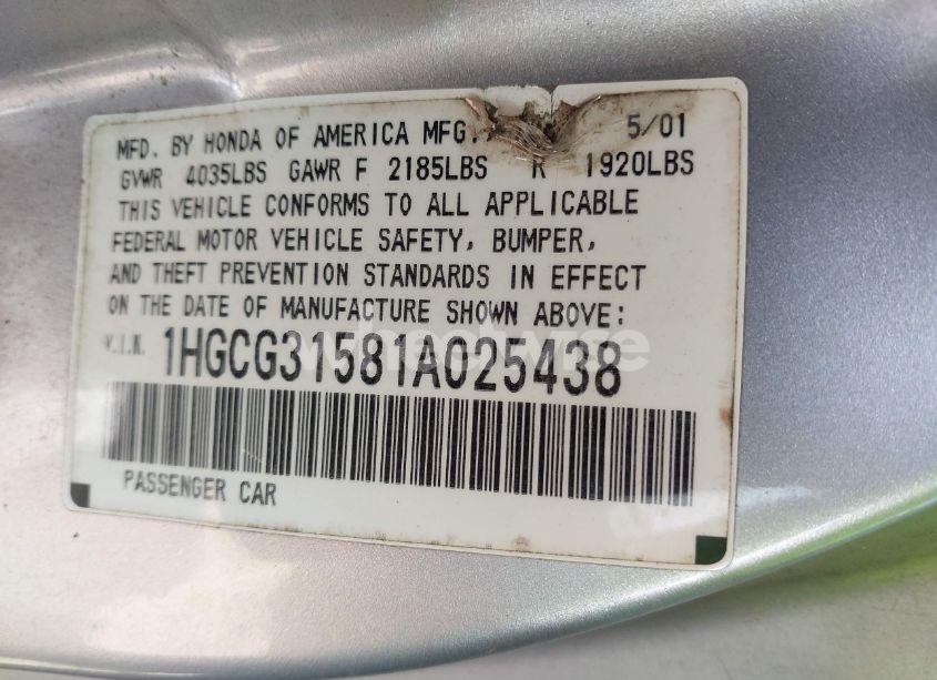 Photo 9 of 2001 Honda Accord 2.3 EX (VIN 1HGCG31581A025438)