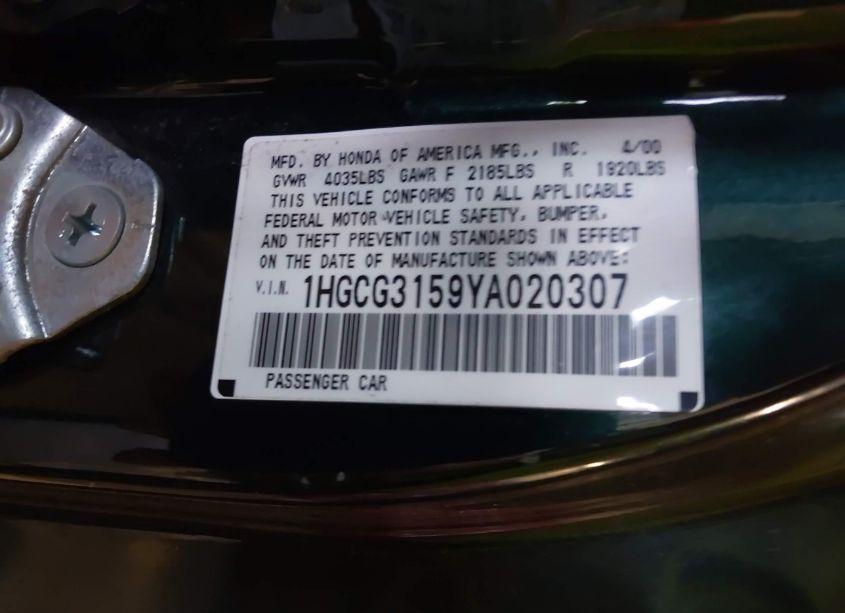 Photo 9 of 2000 Honda Accord 2.3 EX (VIN 1HGCG3159YA020307)