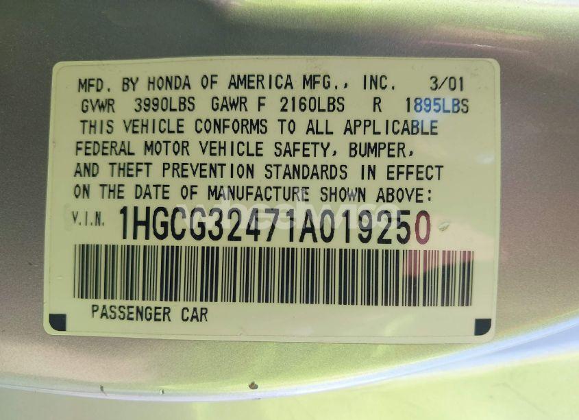 Photo 9 of 2001 Honda Accord 2.3 LX (VIN 1HGCG32471A019250)