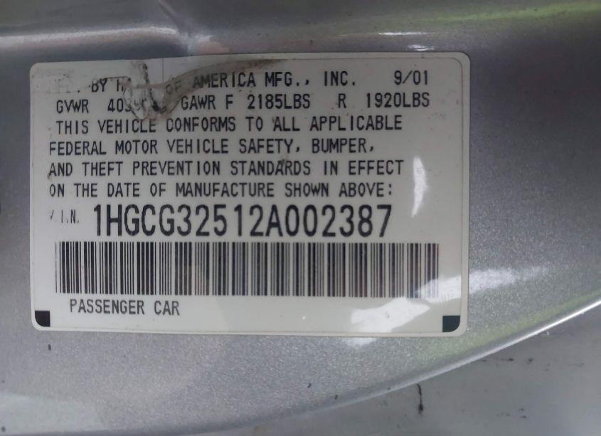 Photo 9 of 2002 Honda Accord 2.3 EX (VIN 1HGCG32512A002387)