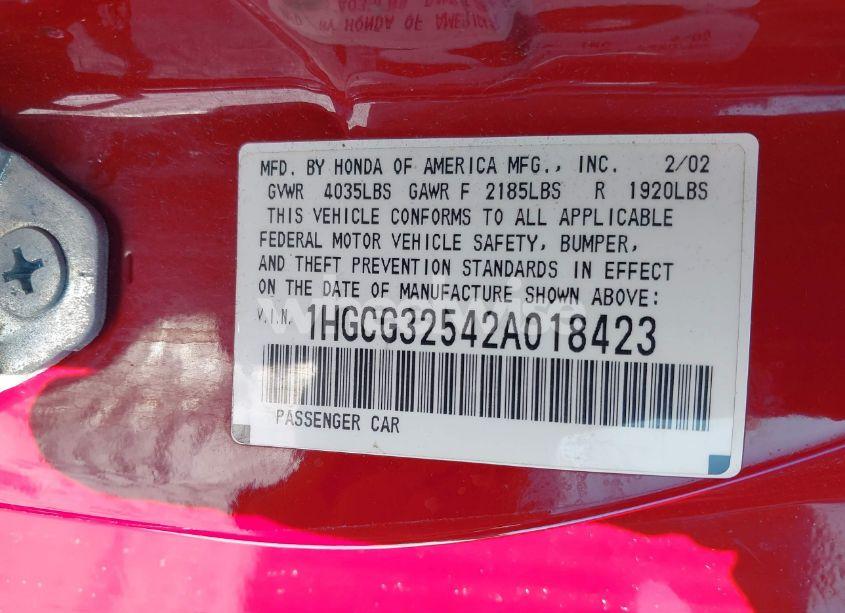 Photo 9 of 2002 Honda Accord 2.3 EX (VIN 1HGCG32542A018423)