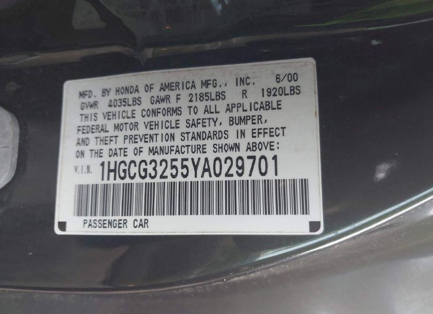 Photo 9 of 2000 Honda Accord 2.3 EX (VIN 1HGCG3255YA029701)