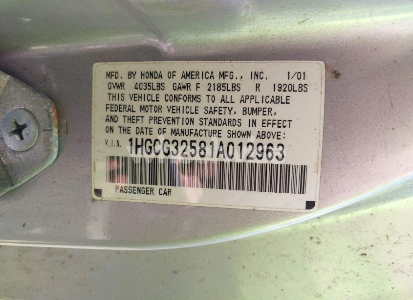 Photo 9 of 2001 Honda Accord 2.3 EX (VIN 1HGCG32581A012963)