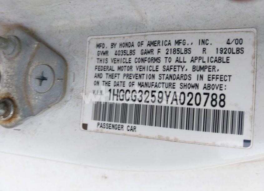 Photo 9 of 2000 Honda Accord 2.3 EX (VIN 1HGCG3259YA020788)