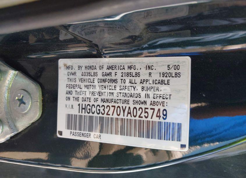 Photo 9 of 2000 Honda Accord 2.3 EX (VIN 1HGCG3270YA025749)