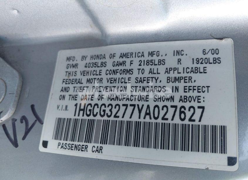 Photo 9 of 2000 Honda Accord 2.3 EX (VIN 1HGCG3277YA027627)