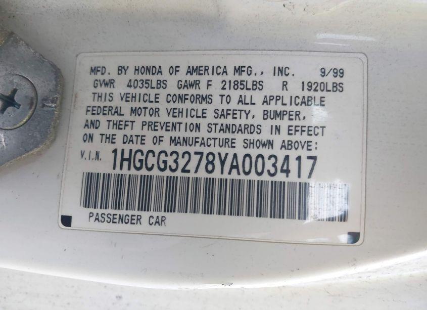Photo 9 of 2000 Honda Accord 2.3 EX (VIN 1HGCG3278YA003417)