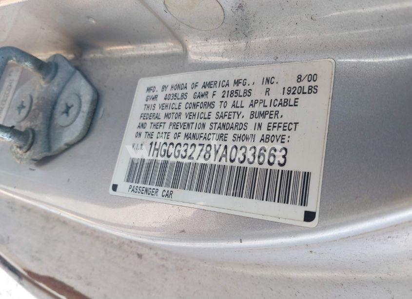 Photo 9 of 2000 Honda Accord 2.3 EX (VIN 1HGCG3278YA033663)