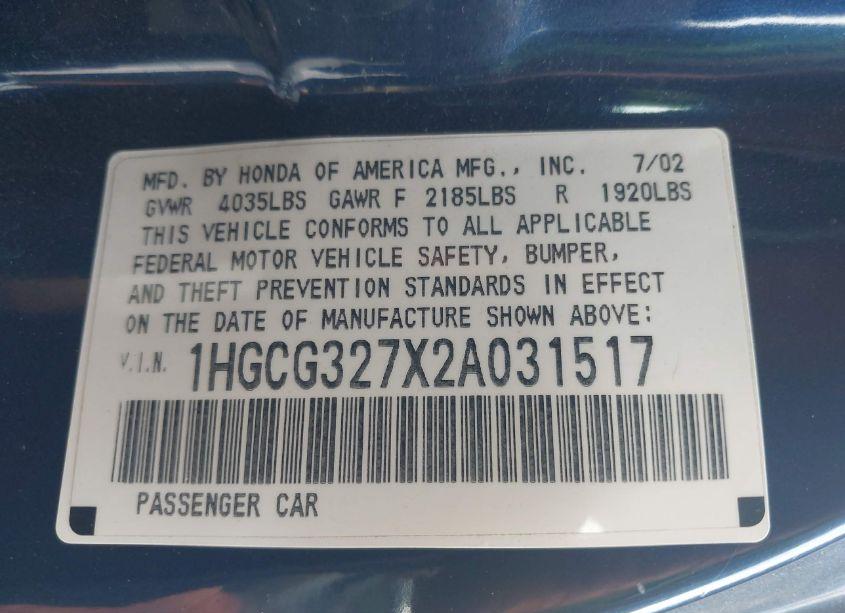 Photo 9 of 2002 Honda Accord 2.3 EX (VIN 1HGCG327X2A031517)