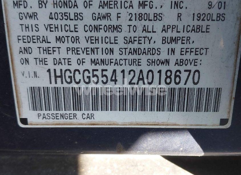Photo 9 of 2002 Honda Accord 2.3 LX (VIN 1HGCG55412A018670)