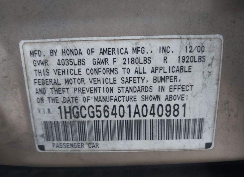 Photo 9 of 2001 Honda Accord 2.3 LX (VIN 1HGCG56401A040981)