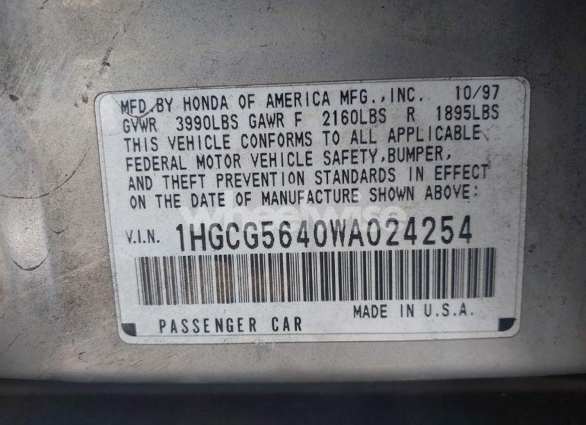 Photo 9 of 1998 Honda Accord LX (VIN 1HGCG5640WA024254)
