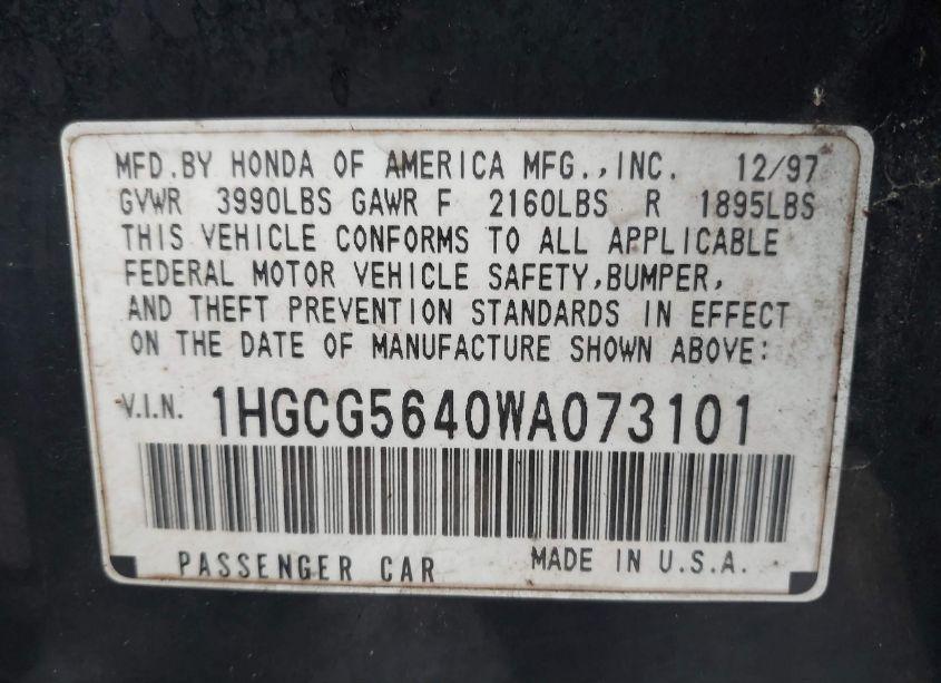 Photo 9 of 1998 Honda Accord SDN LX (VIN 1HGCG5640WA073101)