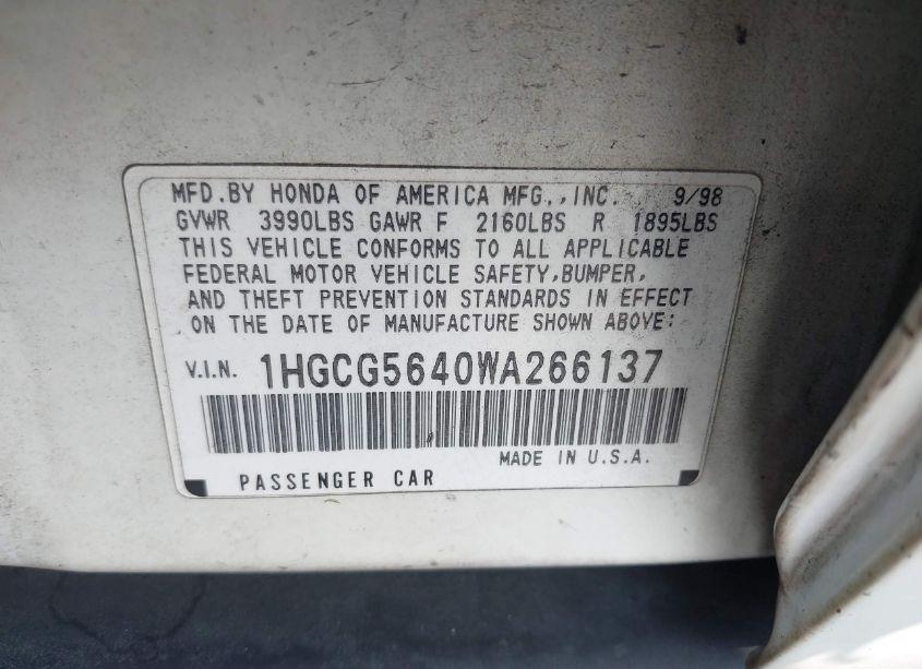 Photo 9 of 1998 Honda Accord SDN LX (VIN 1HGCG5640WA266137)