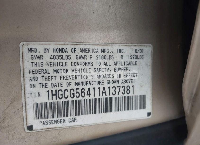 Photo 9 of 2001 Honda Accord 2.3 LX (VIN 1HGCG56411A137381)