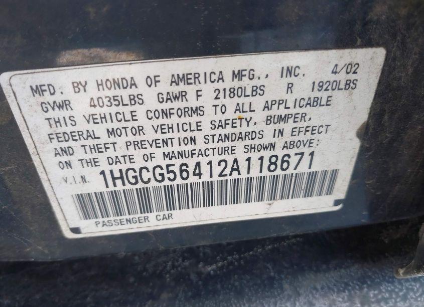 Photo 9 of 2002 Honda Accord 2.3 LX (VIN 1HGCG56412A118671)