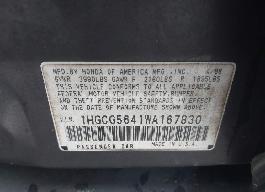 Photo 9 of 1998 Honda Accord LX (VIN 1HGCG5641WA167830)