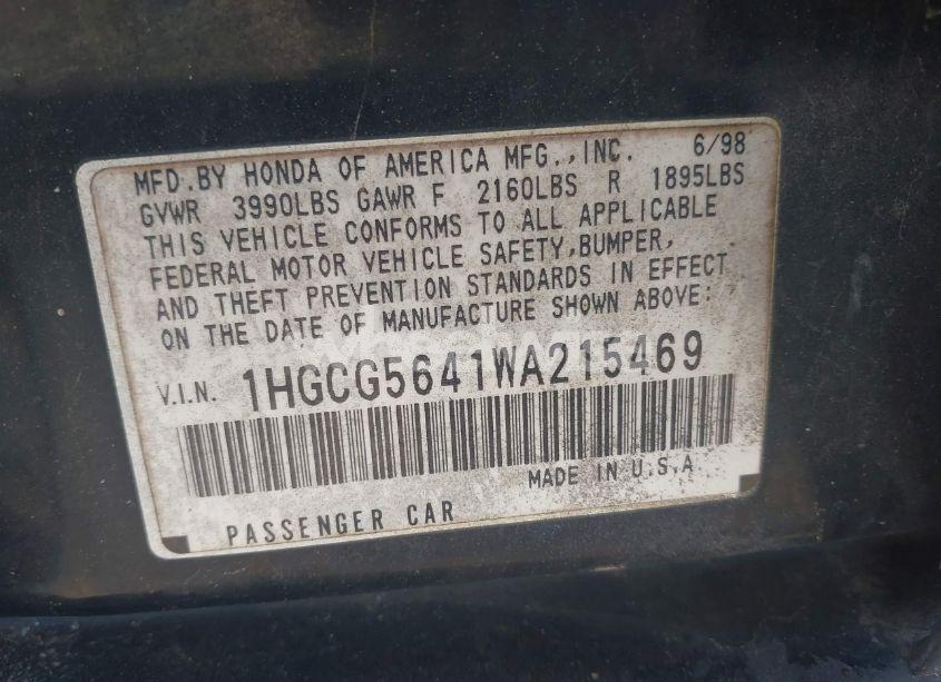 Photo 9 of 1998 Honda Accord LX (VIN 1HGCG5641WA215469)
