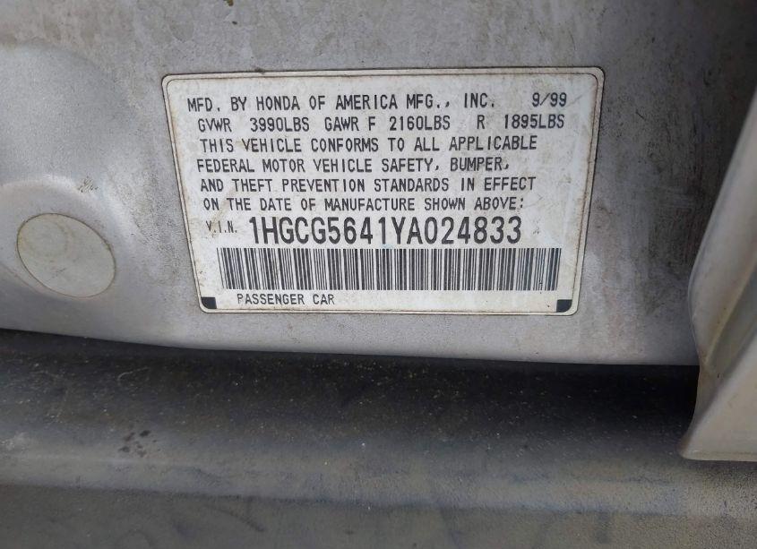 Photo 9 of 2000 Honda Accord 2.3 LX (VIN 1HGCG5641YA024833)