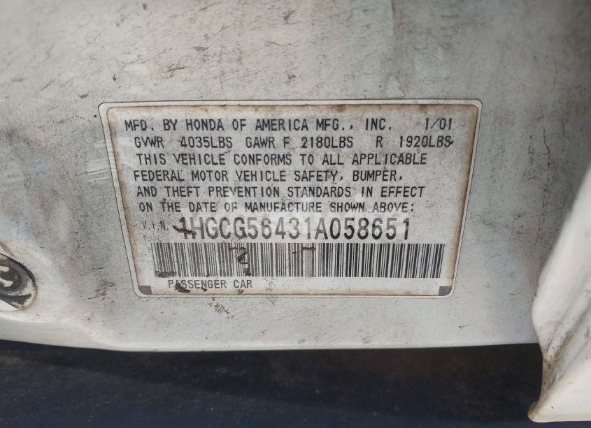 Photo 9 of 2001 Honda Accord 2.3 LX (VIN 1HGCG56431A058651)