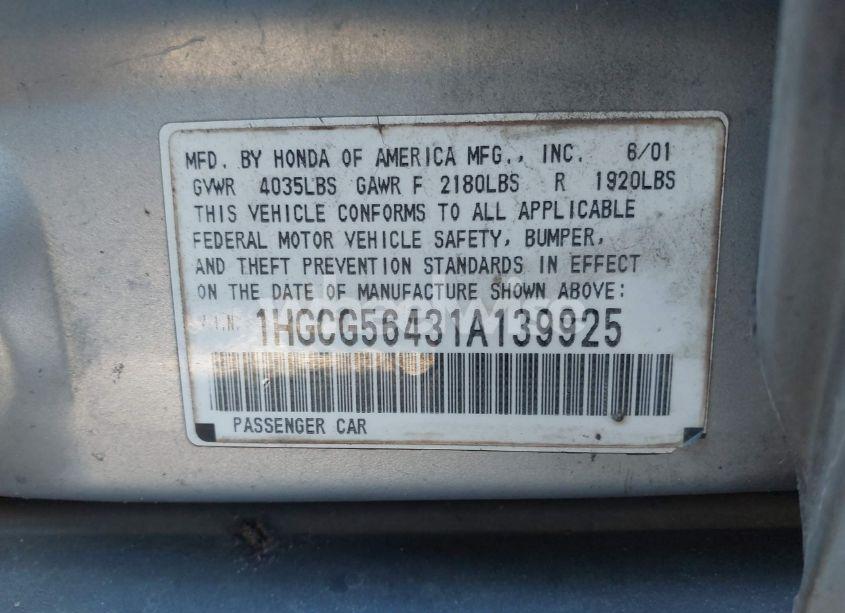 Photo 9 of 2001 Honda Accord 2.3 LX (VIN 1HGCG56431A139925)