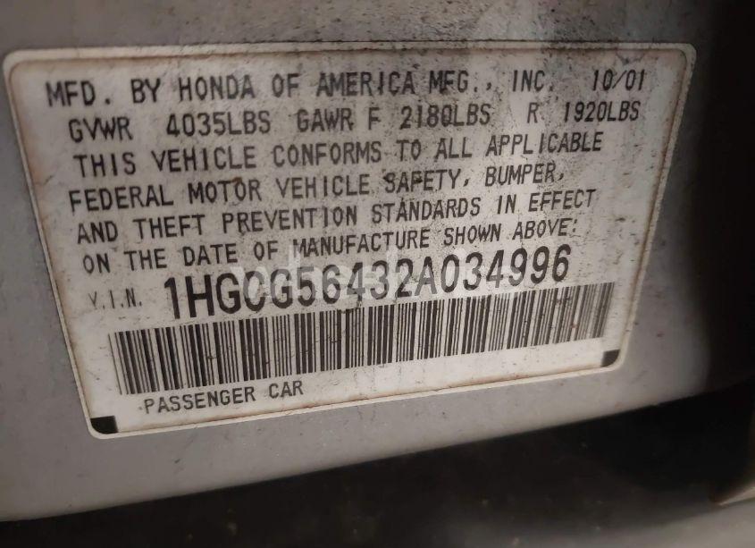Photo 9 of 2002 Honda Accord 2.3 LX (VIN 1HGCG56432A034996)