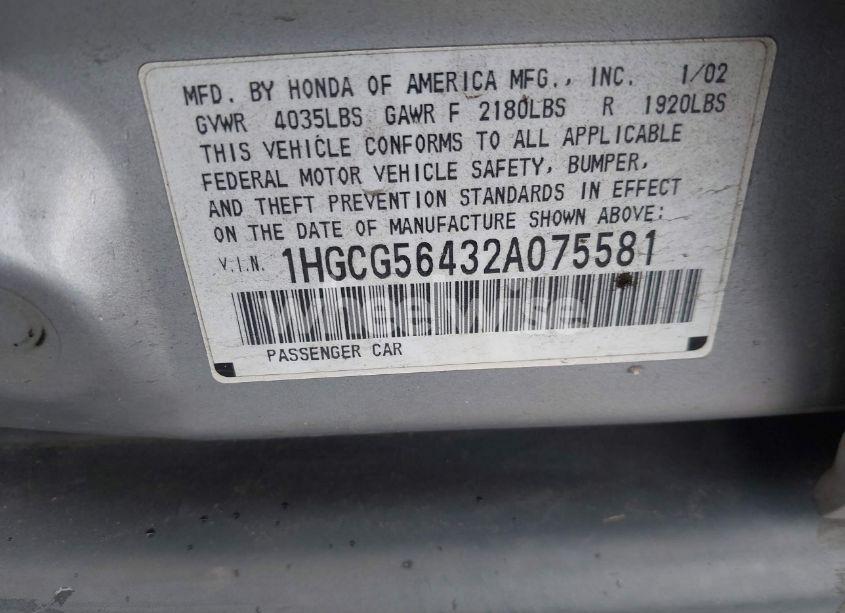 Photo 9 of 2002 Honda Accord 2.3 LX (VIN 1HGCG56432A075581)