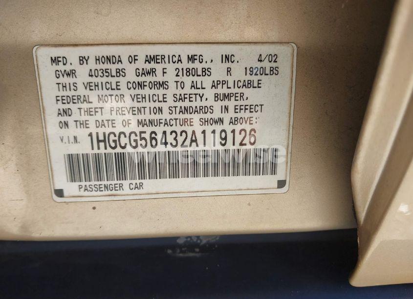 Photo 9 of 2002 Honda Accord 2.3 LX (VIN 1HGCG56432A119126)