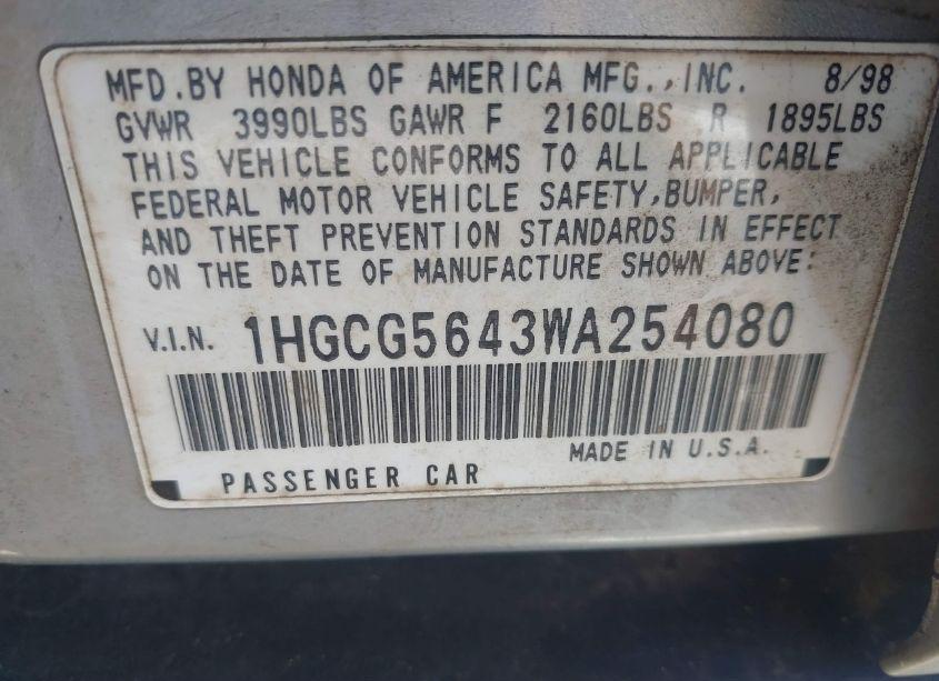 Photo 9 of 1998 Honda Accord LX (VIN 1HGCG5643WA254080)