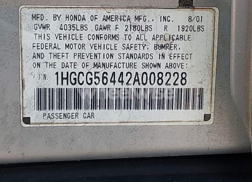 Photo 9 of 2002 Honda Accord 2.3 LX (VIN 1HGCG56442A008228)