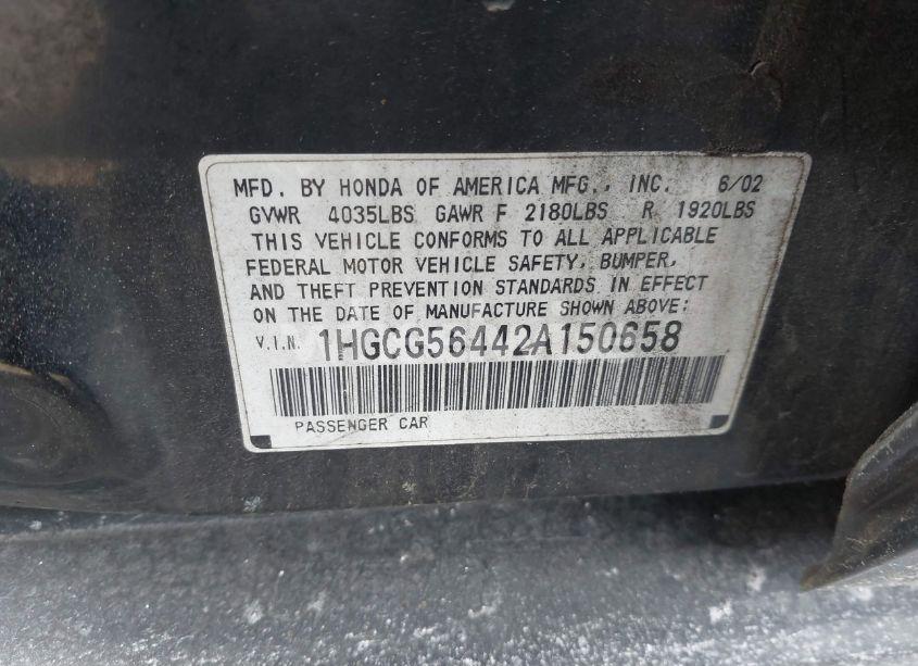 Photo 9 of 2002 Honda Accord 2.3 LX (VIN 1HGCG56442A150658)