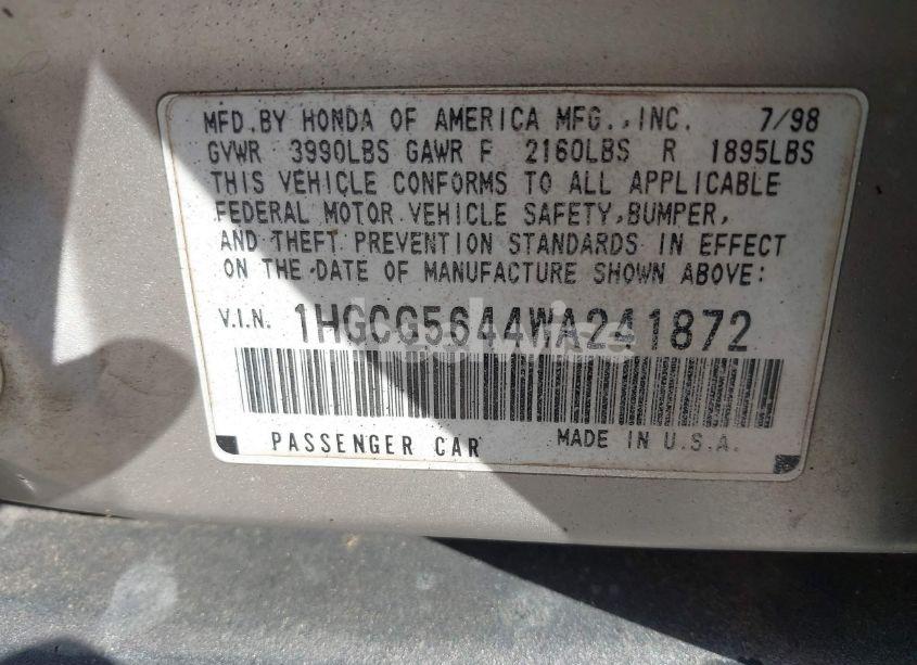 Photo 9 of 1998 Honda Accord LX (VIN 1HGCG5644WA241872)