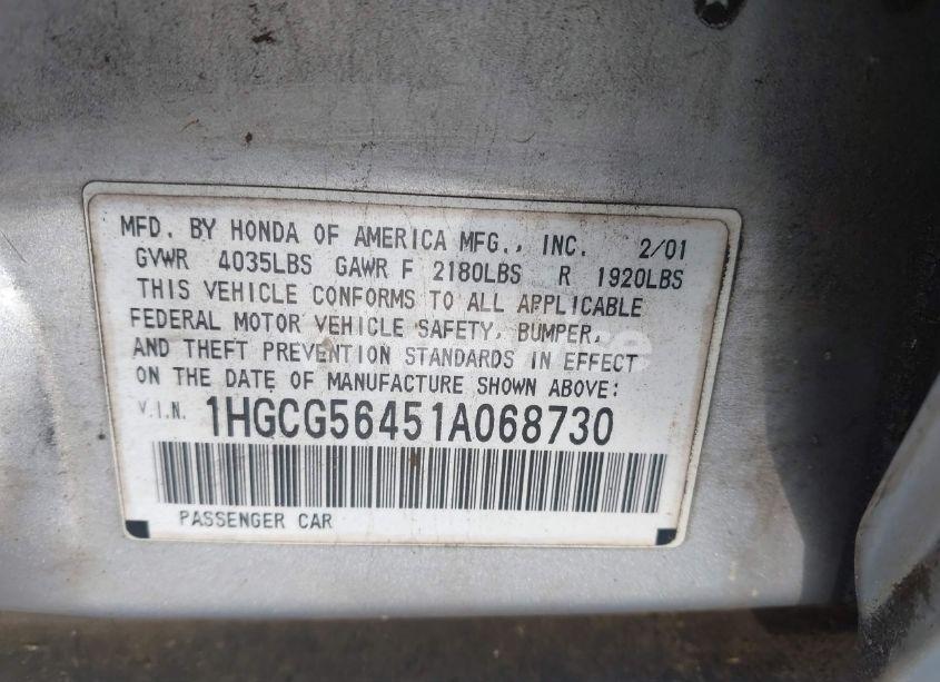 Photo 9 of 2001 Honda Accord 2.3 LX (VIN 1HGCG56451A068730)