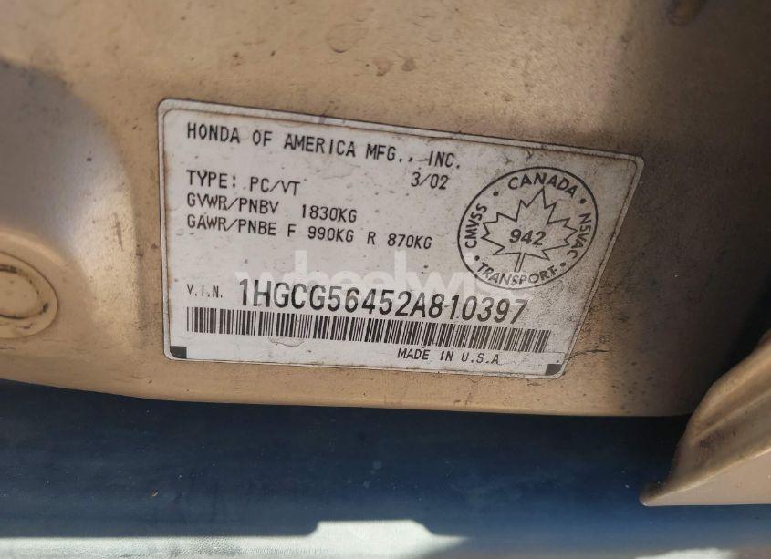 Photo 9 of 2002 Honda Accord 2.3 LX (VIN 1HGCG56452A810397)