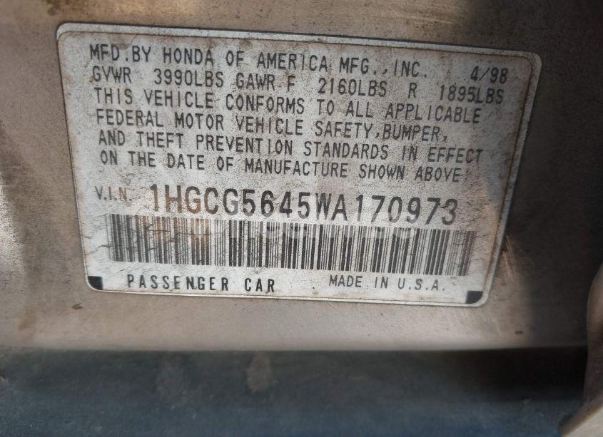 Photo 9 of 1998 Honda Accord LX (VIN 1HGCG5645WA170973)